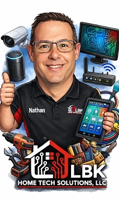 Cartoon of Nathan Hays giving a thumbs up, surrounded by TVs, cameras and gadgets